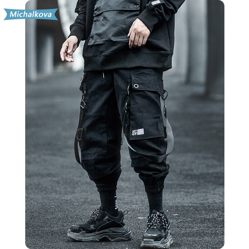 Monitaskuinen hiphop miesten vaatteet kirjonta nauha joustava vyötärö harajuku katuvaatteet lenkkeilijät housut techwear housut michalkova