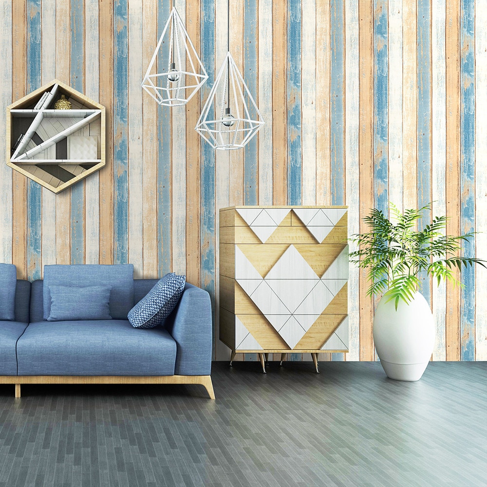 LUCKYYJ Peel and Stick Mediterranean Wood Grain Vinyl Self-adhesive Wall Sticker Living Room Bedroom Wall Renovation Wallpaper