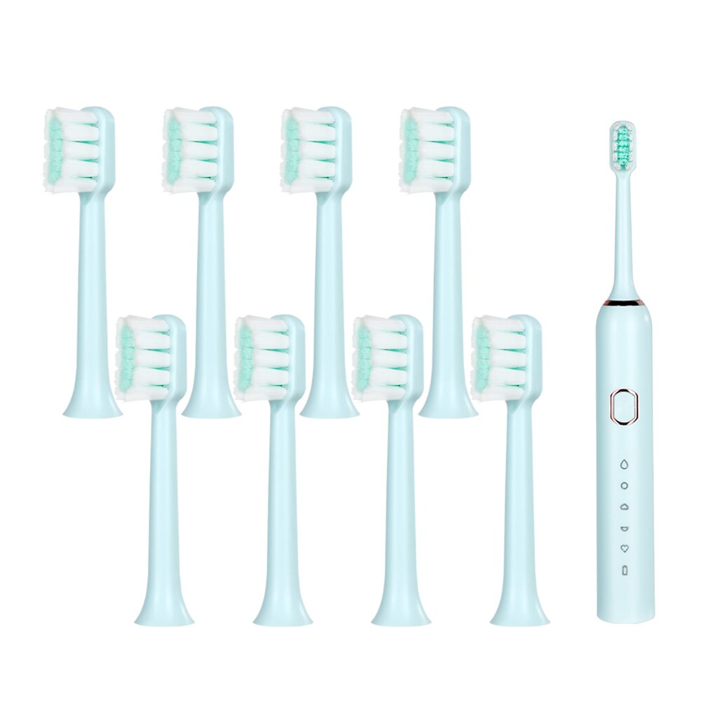 Intelligent Automatic Electric Toothbrush Adult 5 Modes Tooth Brush USB Charging Waterproof Tooth Whitening tooth Heads Set: 1set blue and 8TB