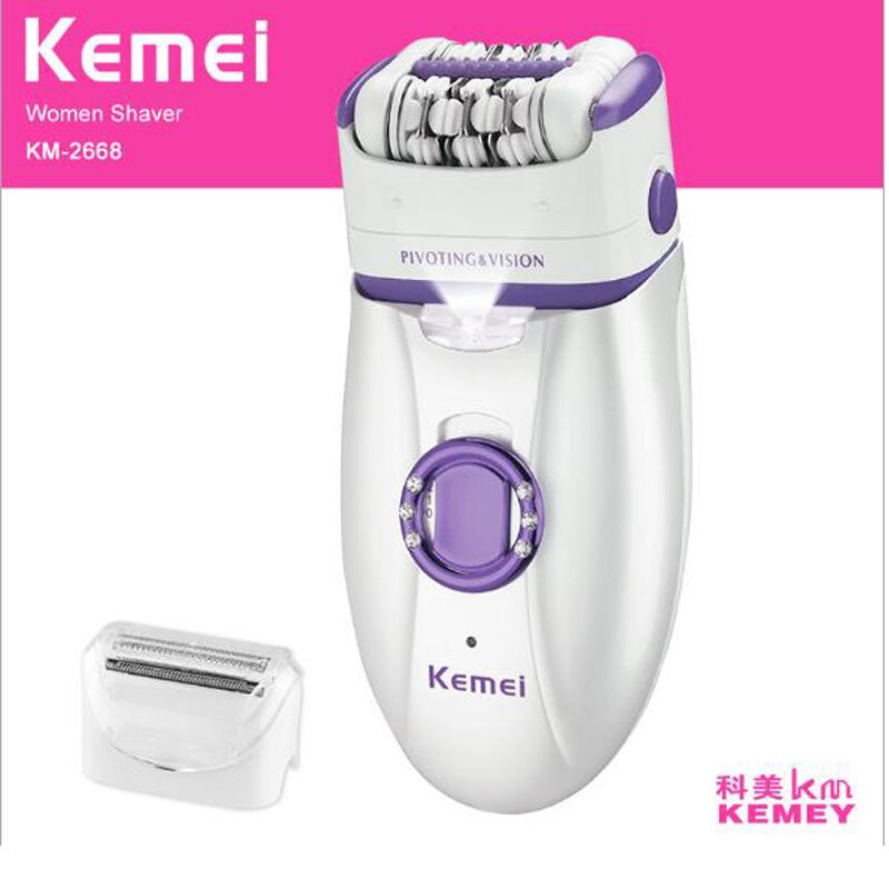 kemei lady epilator with shaving head KM-2668 electric epilator 2 in 1 electric shaver rechargeable hair remover woman shaver: Purple 