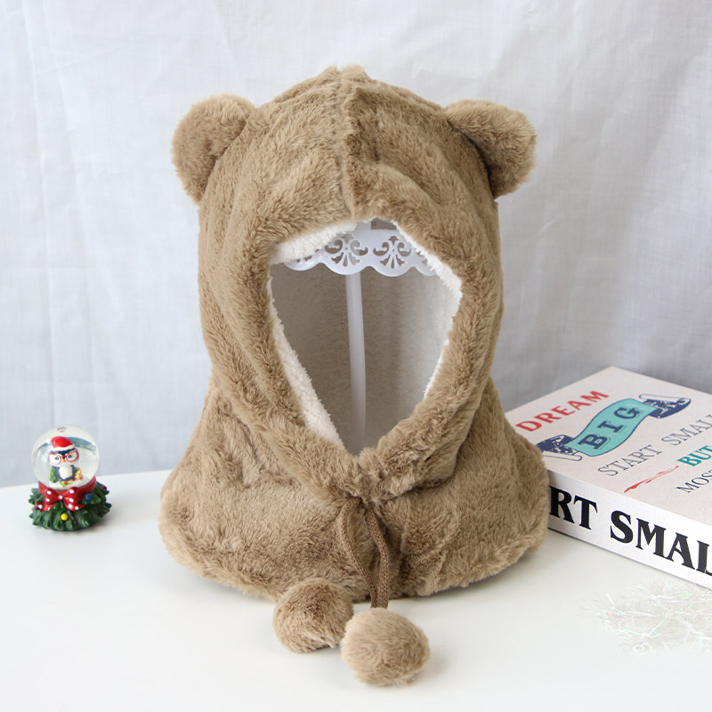 Schattige babymuts met berenoortjes, warme pluche wintermuts voor meisjes en jongens, effen kleur, oorbescherming voor buiten, zachte peutermuts: Koffie
