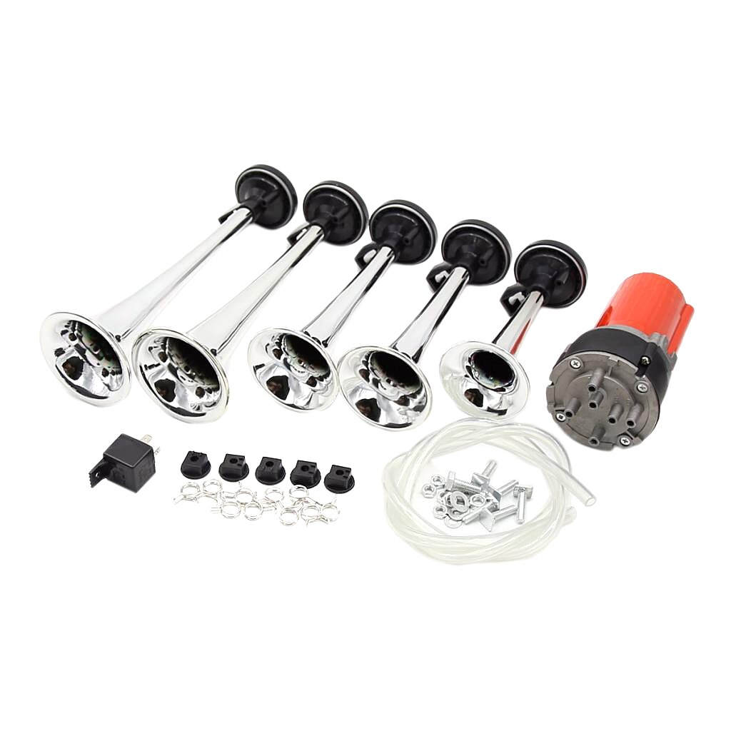 12V 130db 5 Trumpet Musical Jazz Air Horn Kit For Car SUV Truck Van Boat