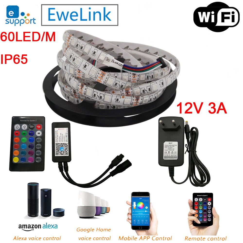 5m 12v 5050 fleksibelt ledet stripe sett rgb bånd  + 24 nøkkel ir fjernkontroll alexa google hjemme stemmekontroll (ewelink app) + strøm: 5m 60 ledet  ip65