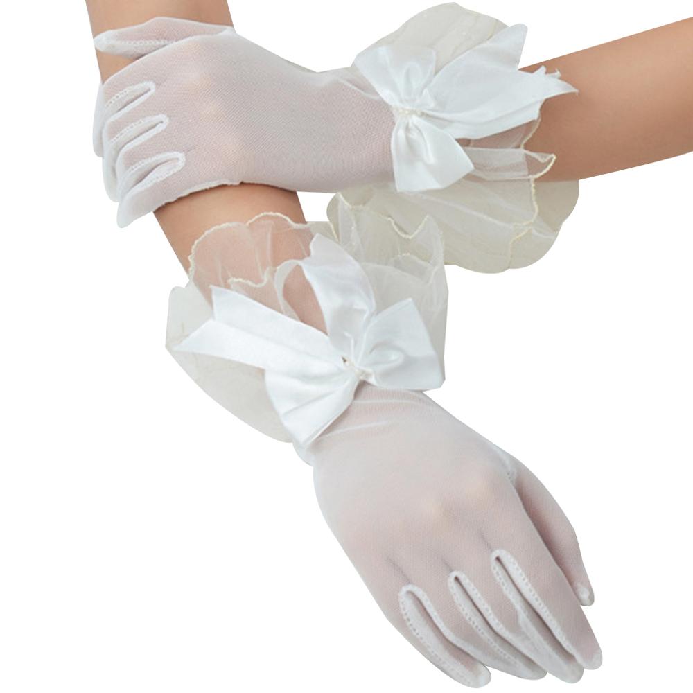 Guantes cortos finos de malla transparente para boda, lazo de satén y volantes ondulados: Blanco