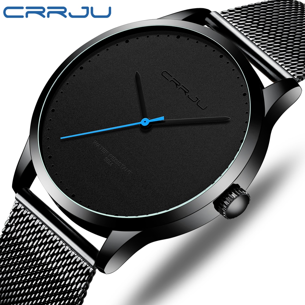 Relogio Masculino CRRJU zegarek dla mężczyzn czarna duża tarcza Casual zegarki kwarcowe unikalne proste zegarki sportowe Mesh wodoodporny zegarek