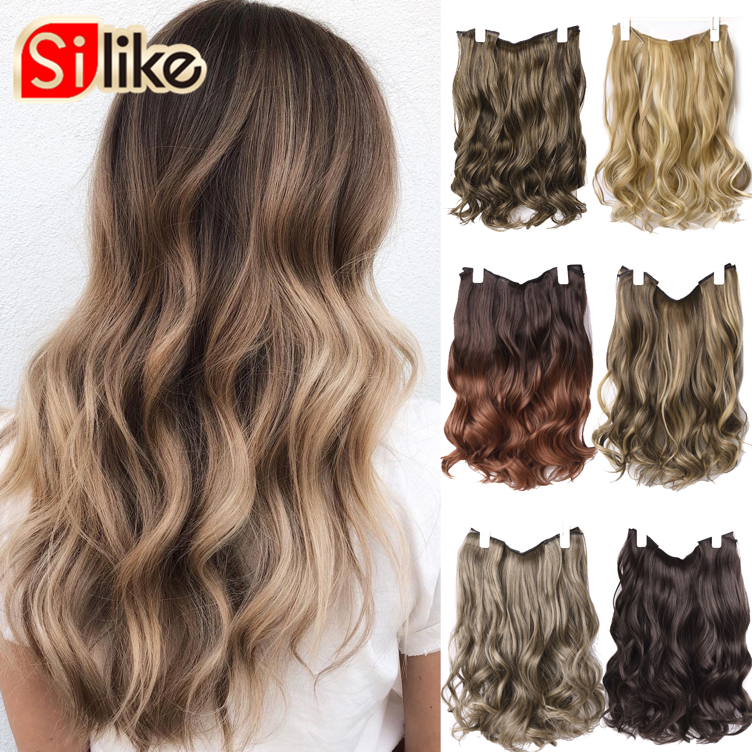 Silike – Extensions de cheveux synthétiques 16 pouces, postiche Halo Invisible, ligne de poisson, 6 Clips, longue ondulée, résistante à la chaleur, 3 postiches pour femmes