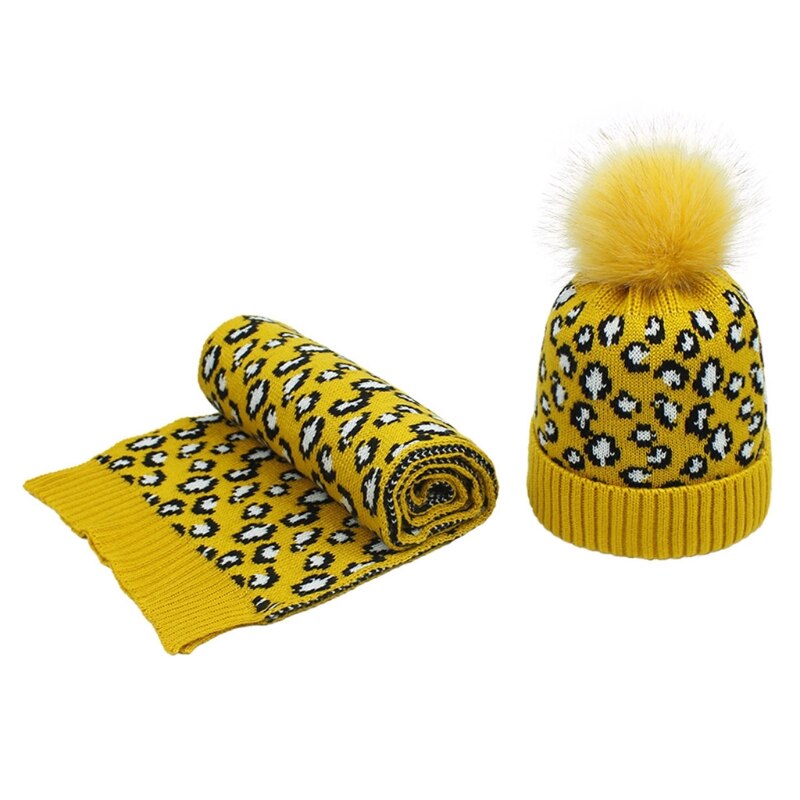Dam stickad mössa och halsduk i 2 delar vinter vintage leopard fluffig pompom med manschett döskalle tjockare sjal halsvärmare: Gul