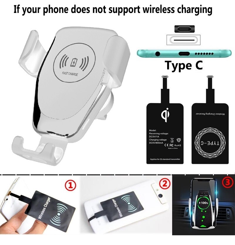 Fast Qi Car Wireless Charger For iPhone XS Max XR X Samsung S10 S9 Intelligent Wireless Charging Phone Car Holder For Xiaomi: White For Type C