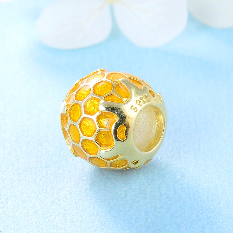 925 sterling silver Unique round golden bee DIY Enamel beads Fit Original europeu Charm Bracelet Jewelry making