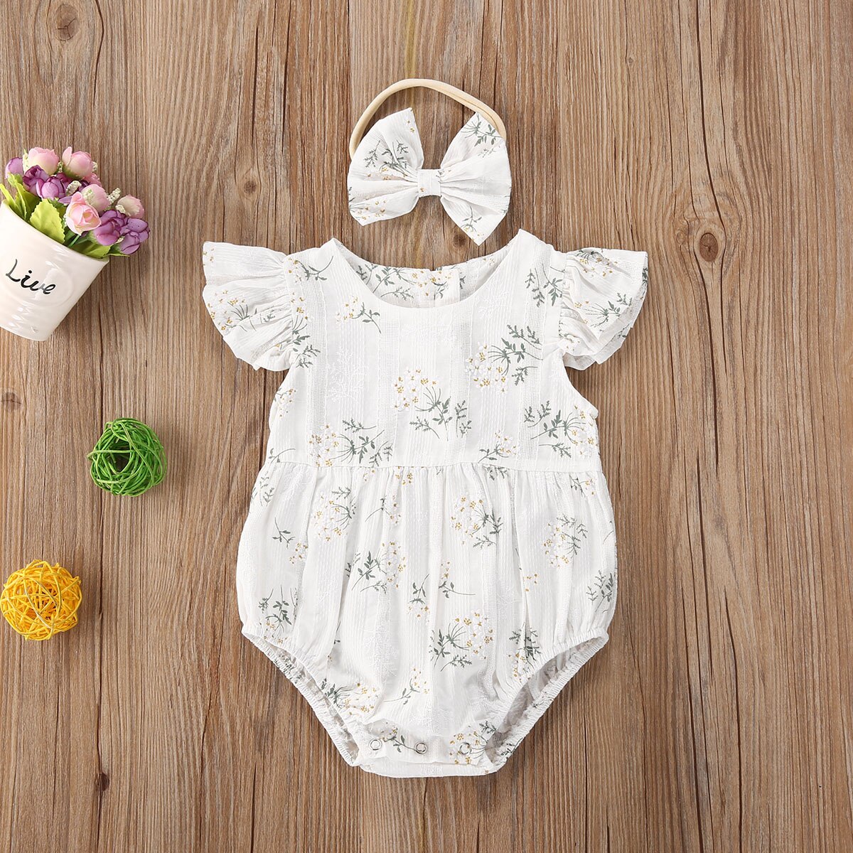 Pasgeboren Baby Baby Meisjes Jongens Bodysuits Bloemen Print Ruches Korte Mouwen Katoenen Mooie Jumpsuits Hoofdband