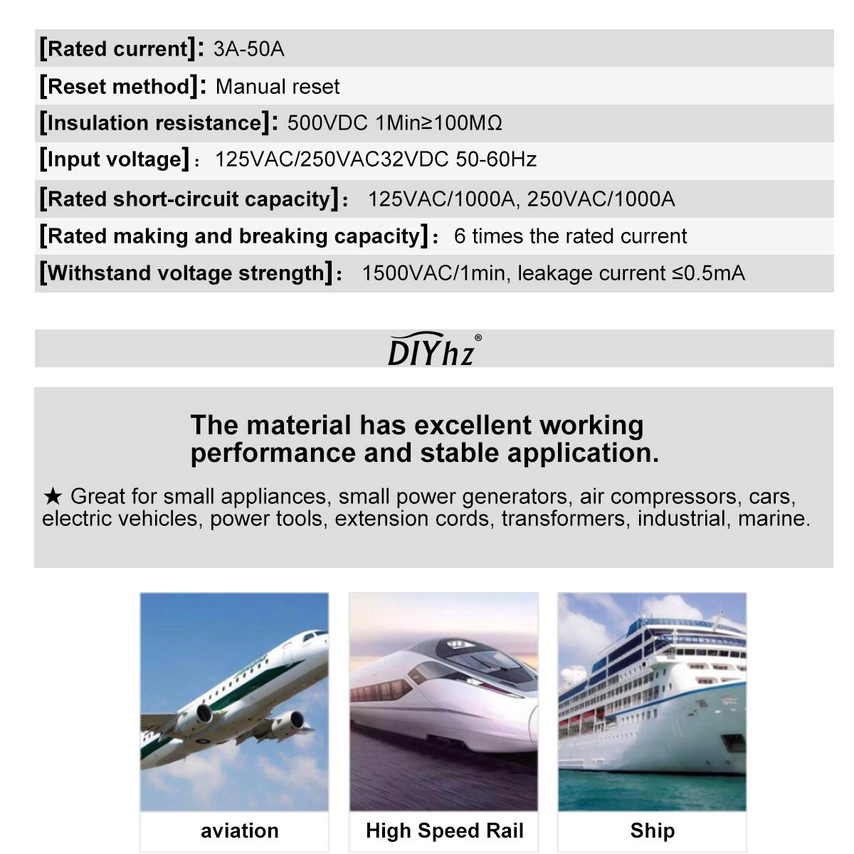 Thermal Circuit Breaker50AmpPushButton Manual Reset Circuit Breaker with Quick Connect Terminals &amp;Waterproof Button Transparent