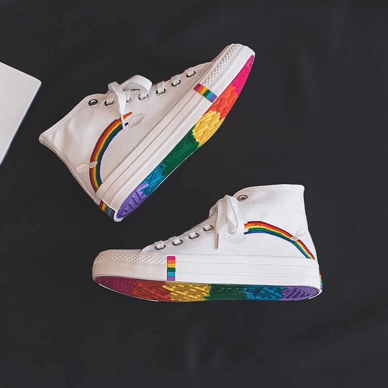 Wit Sneakers Hoge Schoenen Vrouwen Ademend Canvas Regenboog Zool Gevulkaniseerd Schoenen Lopen Jogging Casual Mode Platte Schoenen