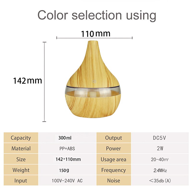 USB Luftbefeuchter Elektrische Öl Aromatherapie Holzmaserung Ultraschall Luft Diffusor Lichter Auto für Heimat Sekretariat Duft Parfüm 300ML