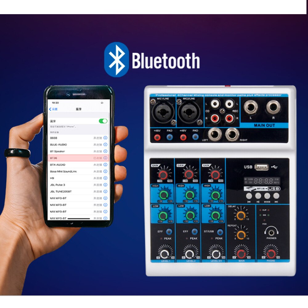 M4 4 Channels Sound Mixing Console Bluetooth Record Computer Playback 48V Phantom Power Delay Repaeat Effect USB Audio Mixe