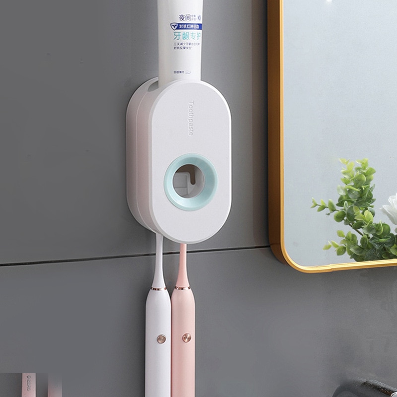 Selvklæbende automatisk tandpasta pressesæt, vægmonteret tandpastaholder, tandbørsteholder, vægopsugning tandpasta pres: Hvid