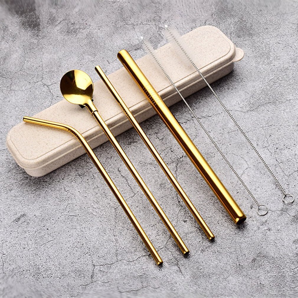 Stainless Steel Dinnerware Set Spoon Fork Chopsticks Straw With Cloth Pack Cutlery For Travel Outdoor Office Picnic BBQ: Gold