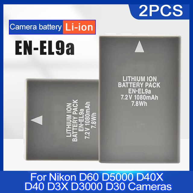 7.2V 1080mAh EN-EL9a ENEL9a Rechargeable Au Lithium batterie Pour Appareil Photo Nikon EN-EL9a D60 D5000 D40X D40 D3X D3000 D30 Caméras: 2PCS