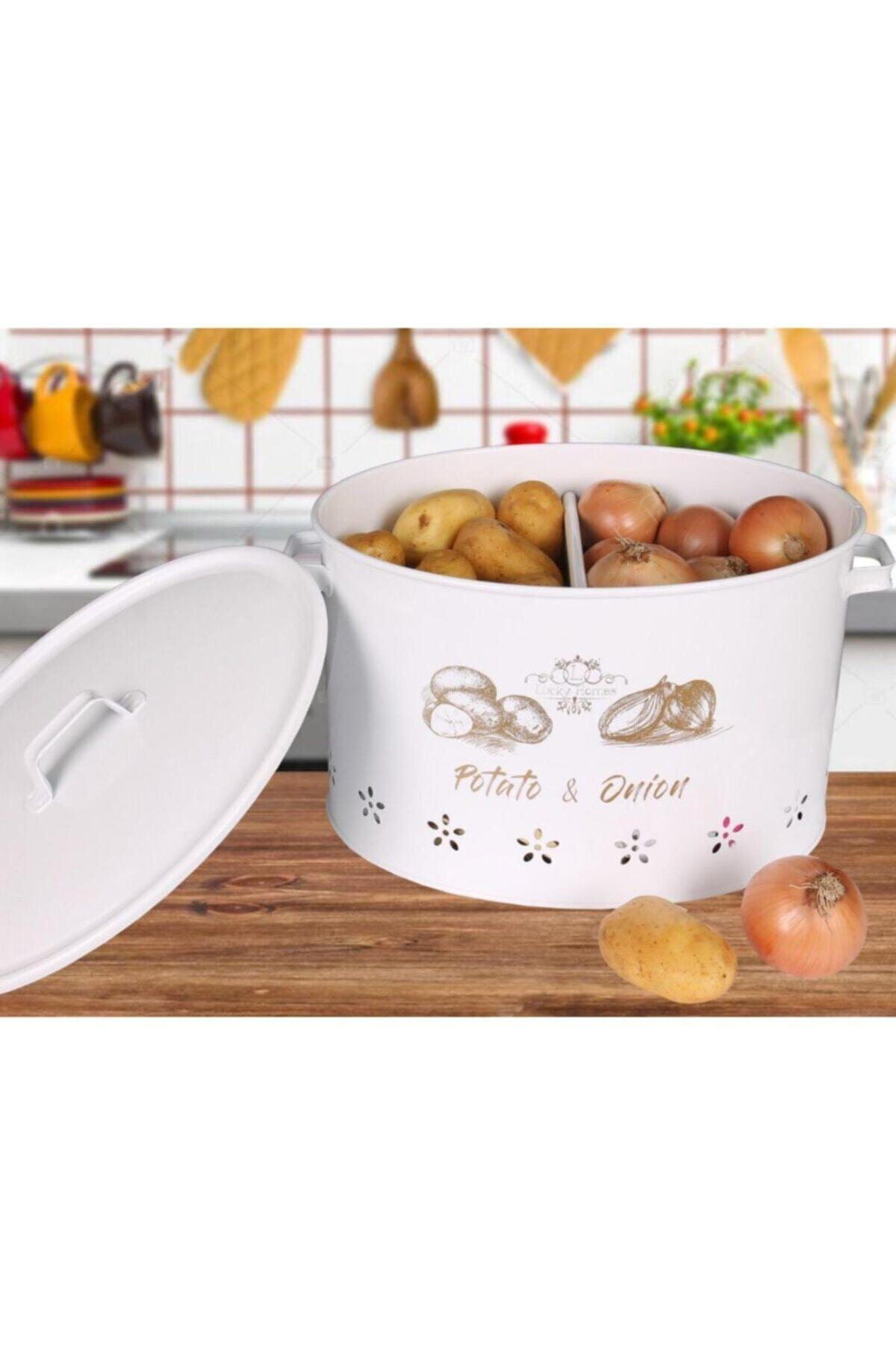 Cubo de Metal para patatas y cebolla, 2 compartimiento de Metal, color blanco, 18 Lt