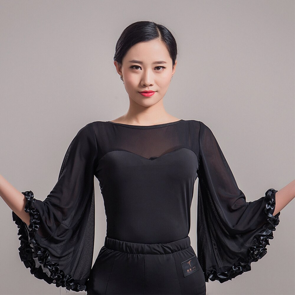 Ballroom Waltz Dresses Top Shirt Dance Competition Dresses Ballroom Dress Standard D0144 Tango Black with Bell Sleeve Ruffles