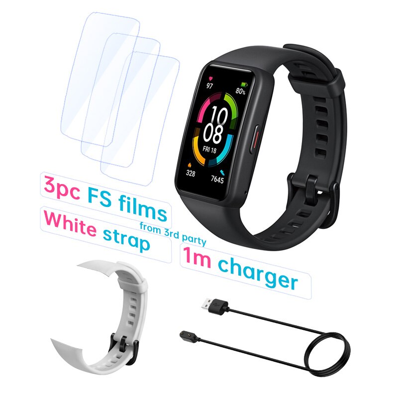 Honor-reloj inteligente Band 6 Original, pulsera con pantalla táctil AMOLED, Monitor de ritmo cardíaco y sueño, oxígeno en sangre, SpO2, resistente al agua: Std B F Cable White