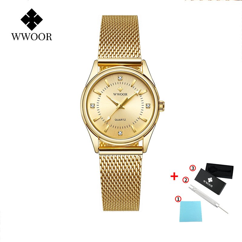 Zegarek Damski Vrouwen Horloges Wwoor Top Luxe Gold Quartz Klok Dames Golden Mesh Elegante Armband Horloge Vrouwen Relogio Feminino: Gold