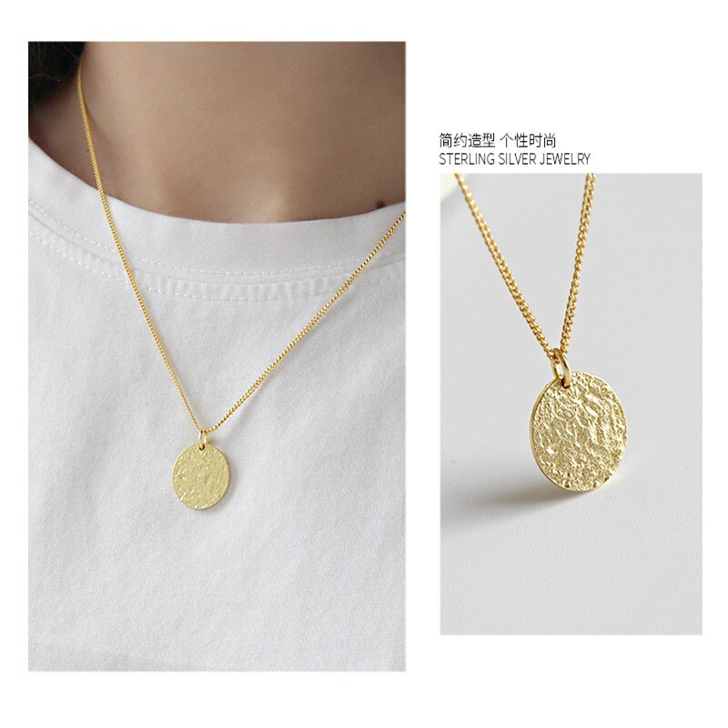 100% 925 Sterling Silver Jewelry Concave-convex Frosted Round Pendant Necklaces for Women