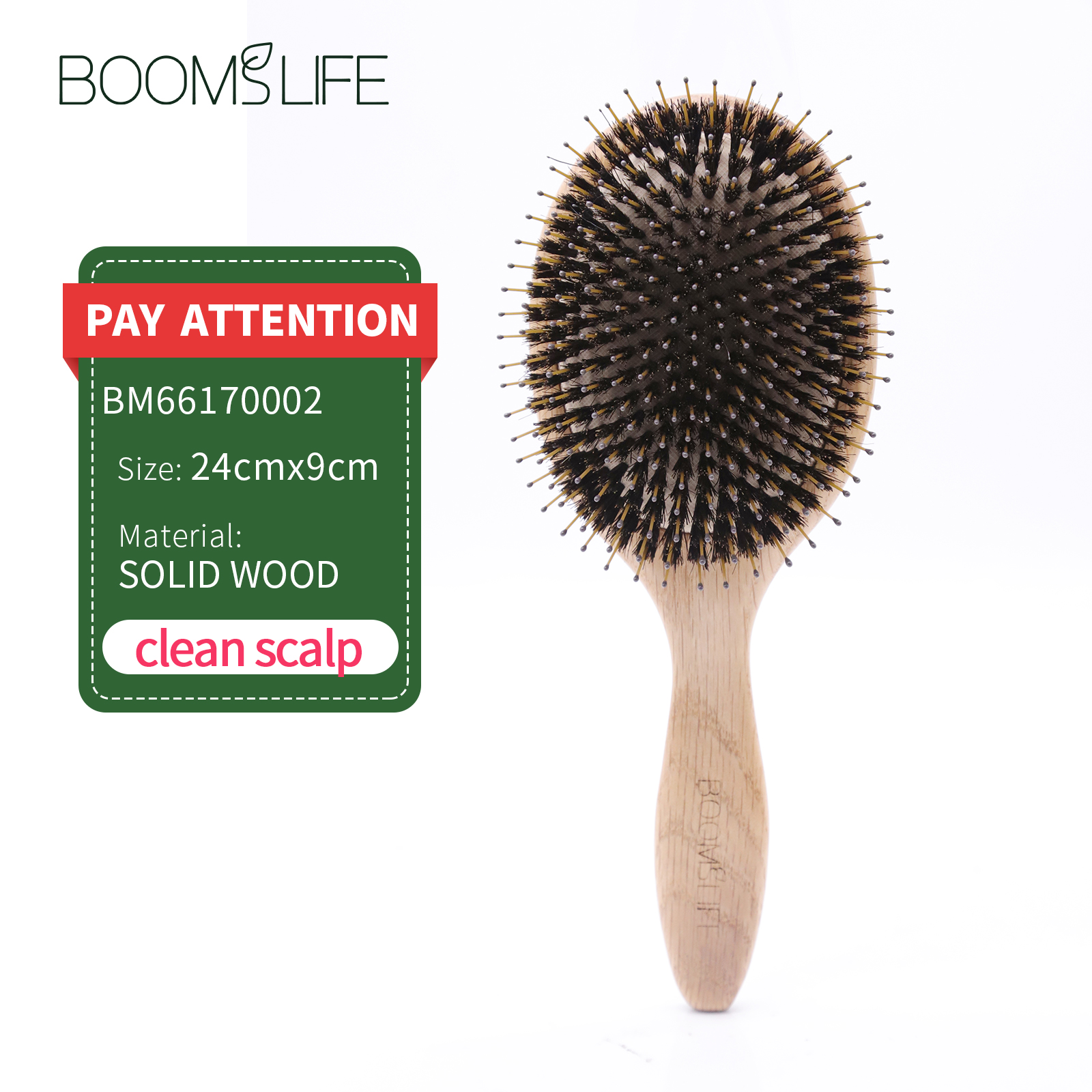 Cepillo de pelo con cerdas de jabalí, peines de madera para mujer, cepillo para masaje del cuero cabelludo, cepillo para desenredar el cabello, cepillo de pelo de madera de roble, peine de peluquero para el cabello: Negro