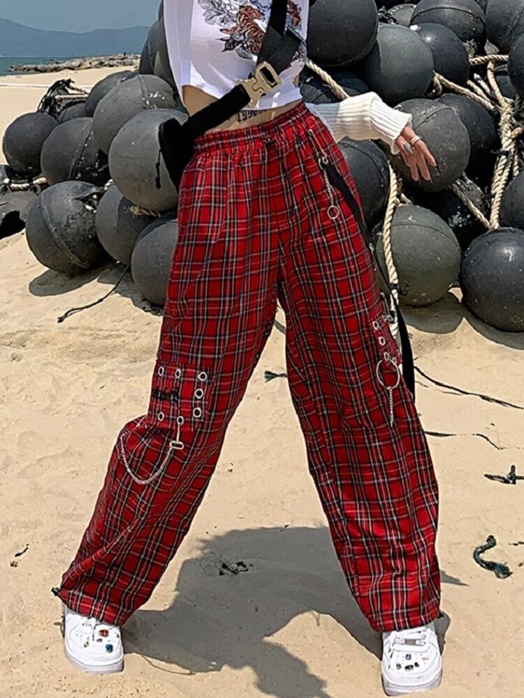 Houzhou punk kedja cargo byxor kvinnor harajuku goth pläd rutiga byxor kvinnlig streetwear estetisk hip hop egirl grunge emo