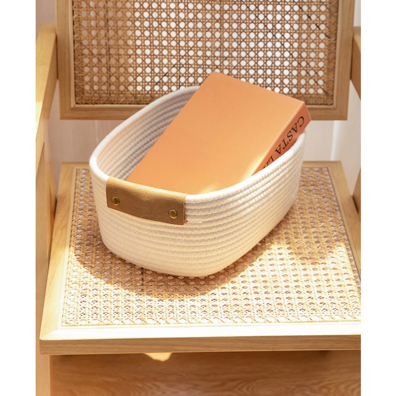Katoenen touw geweven opbergmand en lederen verwerkingsbureau, opbergmand voor thuis, organisator voor speelgoed opvouwbare cosmetica diversen