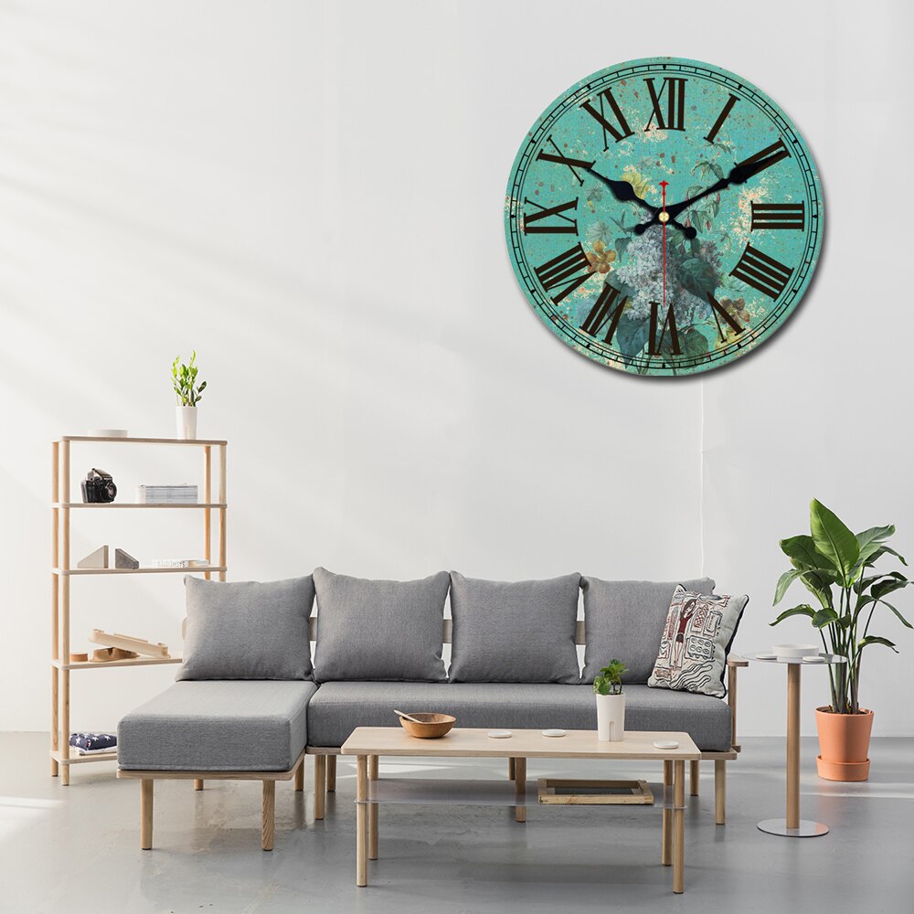 RIHE Green Fowers-Reloj de pared de cartón de madera, Vintage, reloj Retro europeo para decoración Chic de cafetería, oficina y hogar, 40CM