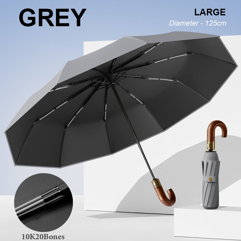 Paraguas automático de lujo reforzado para hombre, 30 huesos, resistente al viento, fuerte, 125CM, mango de madera grande, resistente al agua, para negocios: Blanco