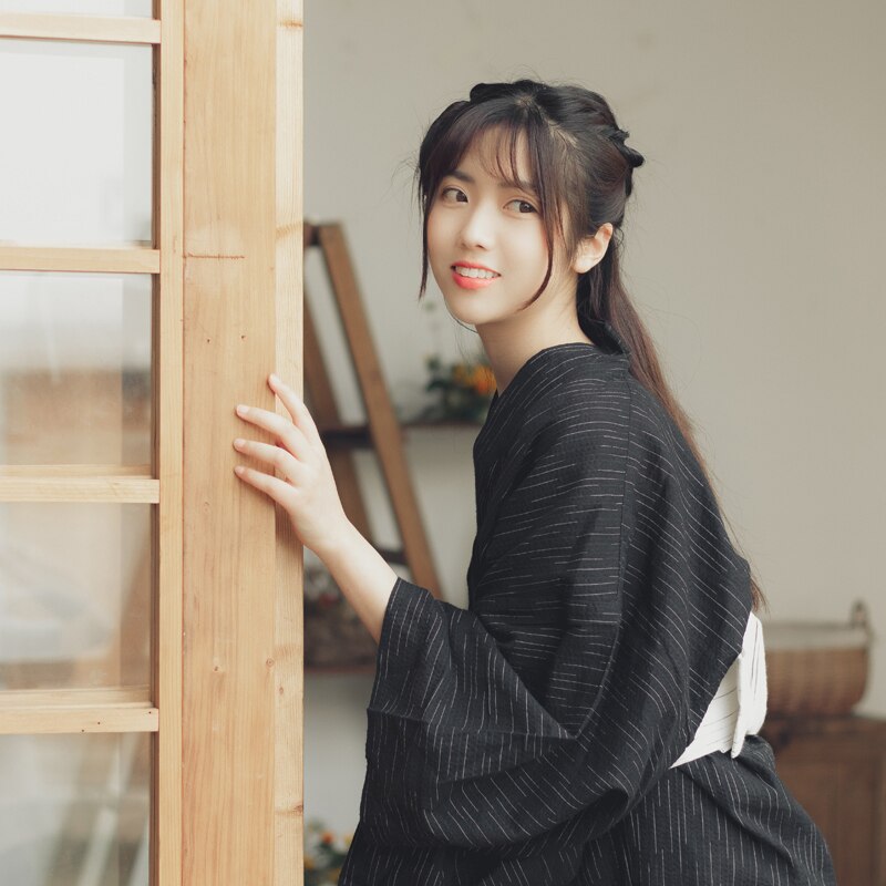 Kimono Obi de Tradition japonaise pour femmes et hommes, robe de pyjama samouraï en coton à rayures noires, rétro avec nœud Yukata, 2022