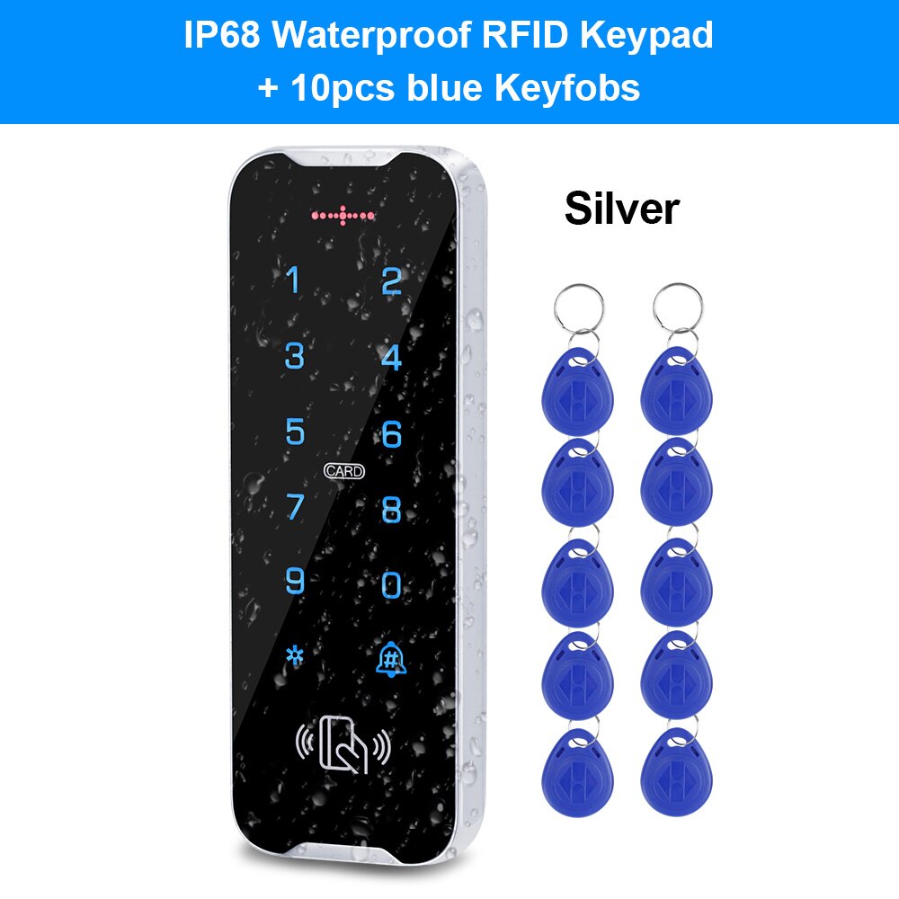 Outdoor Waterproof Access Control Keypad RFID Keyboard System 125KHz Card Reader Metal Touch Controller Wiegand26/34 Doorbell: Silver with blue Key