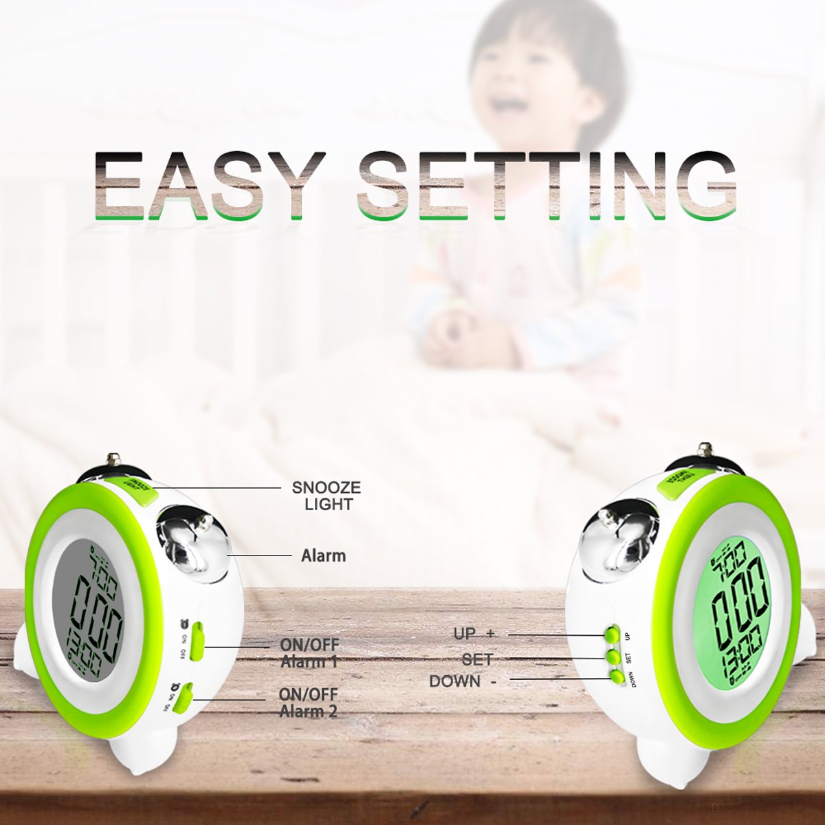 LUDA-Digital Alarm Clock With Nightlight,2 Alarms,Optional Weekday Mode, Snooze Fuction,Super Loud For Kids and Heavy Sleepers