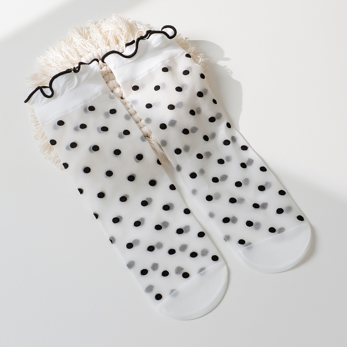 Sokken Vrouwen Ultradunne Vrouwelijke Middelste Buis Ruche Mesh Sokken Dot Love Print Zomer Zijde Schattige Kawaii Lolita Dunne Kous: Sky Blue