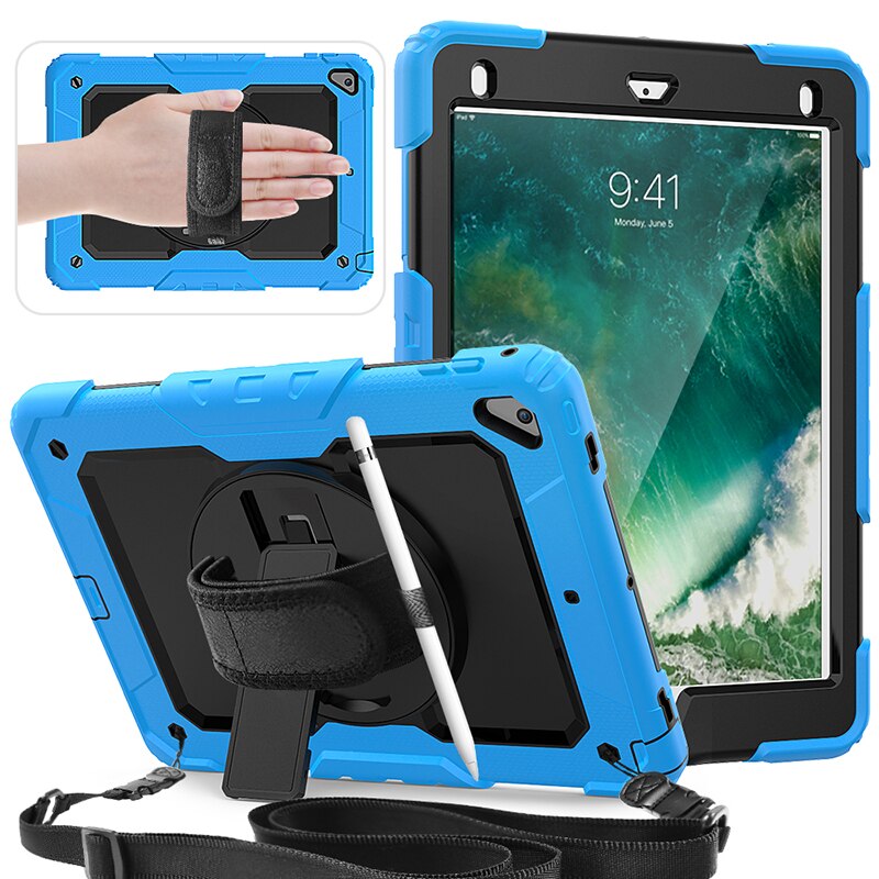 Universal Though Rugged Case for ipad air 2 6th 5th gen pro 9.7 inch Hand Strap cases with Kickstand Stand and Shoulder Strap: SKY BLUE