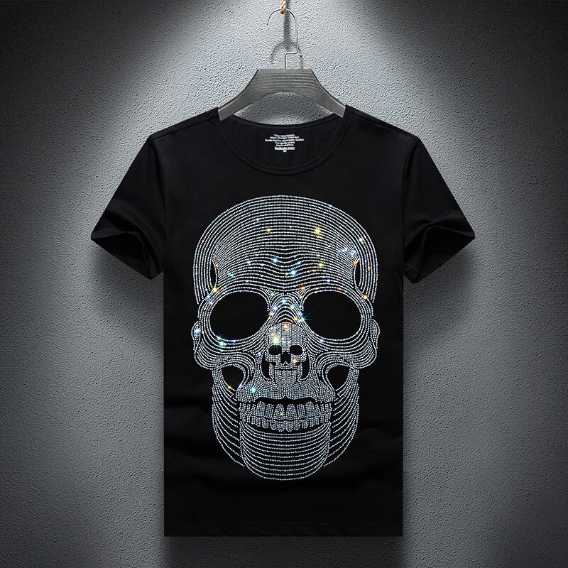 Casual t-shirt herr sommar kortärmad streetwear o-ringad smala bomullströjor strass plus size s -7xl toppar hane: Svart / M