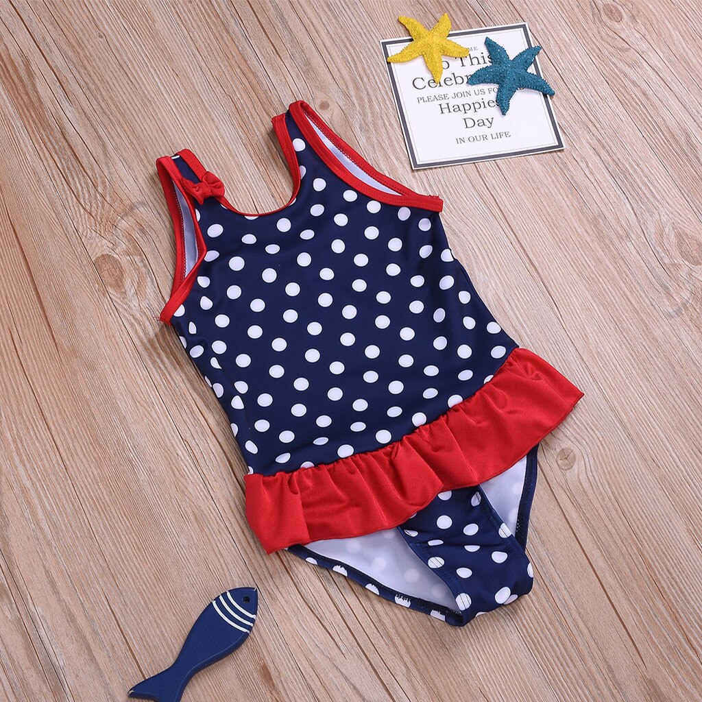 Toddler Infant Baby Girls' Summer Cute Sleeveless Polka Dot Printed Ruffle Sleeveless One-piece Swimsuit Beachwear#p4