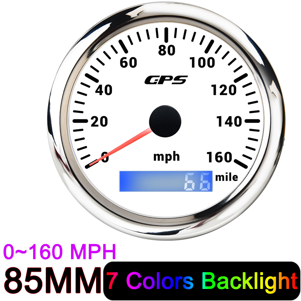 Universal Motorcycle Speed Meter Odometer Gauge Speed 85MM GPS Speedometer MPH Mile Odometer For Car Boat Truck UTV 7 Colors: 160MPH white silver