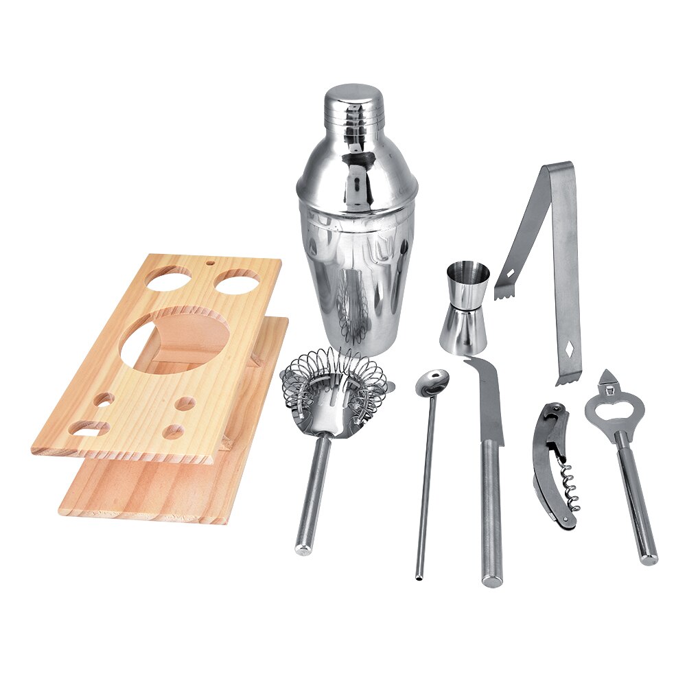 8pcs Stainless Steel Bar Set Tool Cocktail Shaker Mixer Drinker With Wood Holder Stand Drinking Tool 750ML