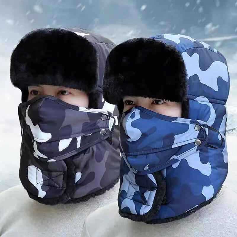 Unisex Camouflage Bomber Hat Russia Caps Waterproof Warm Faux Fur Earflap Winter Snow Skiing Hats Casual