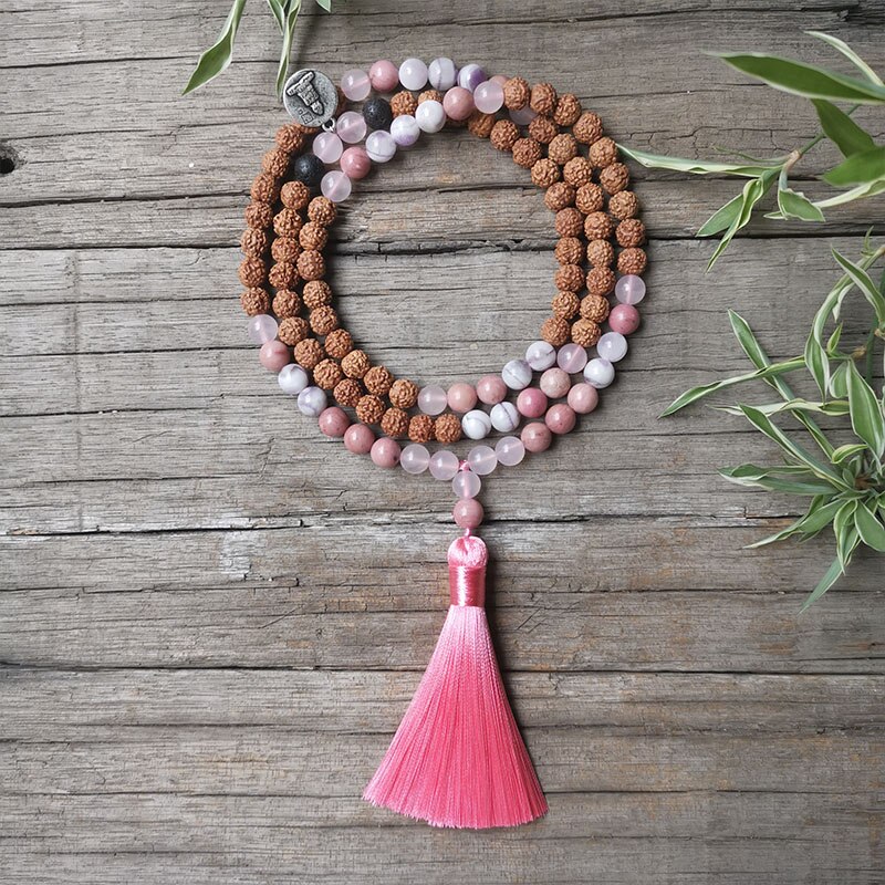 Perles en pierre naturelle 8mm, collier Rudraksha, pendentif bouddha, charmant Bracelet Rhodonite, ensembles JapaMala, spirituel, perles de Mala 108