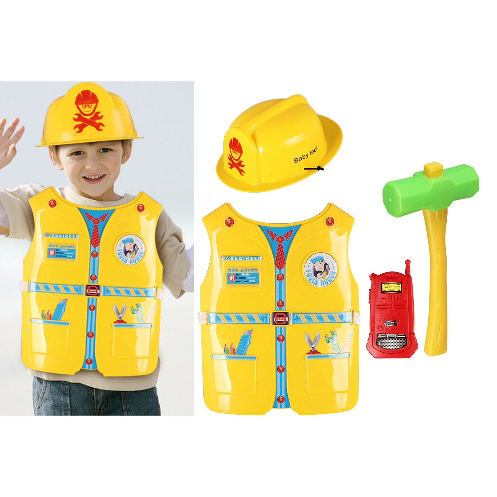 Construction Worker Costume Role Play House Kit Set Engineering Dress Up Educational Toy Kids Boys Girls