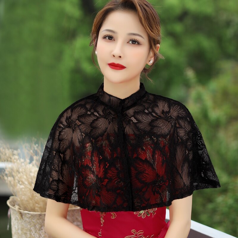 Chal de cuello alto para mujer, chal de encaje Floral, para vestido de noche de graduación, color negro, blanco, champán y rojo