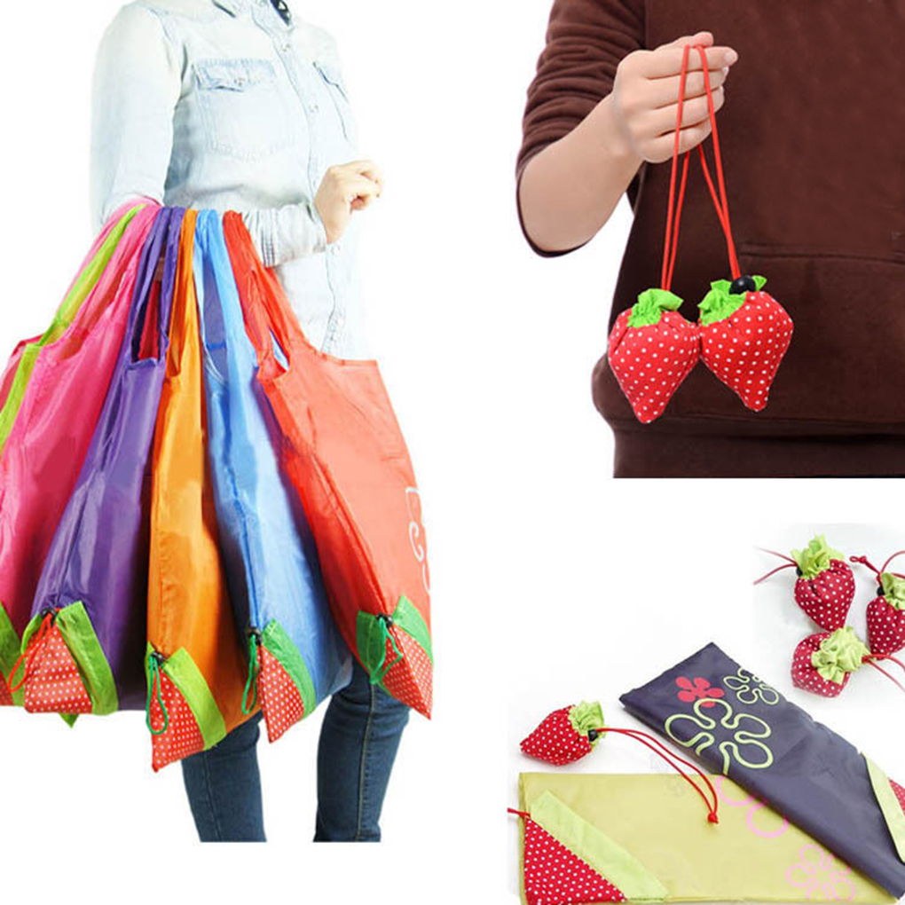 Bolsa de Nylon plegable para comestibles, bolso de compras grande de fresa, bonito bolso de viaje, ecológico, Floral, reutilizable, 5 uds.