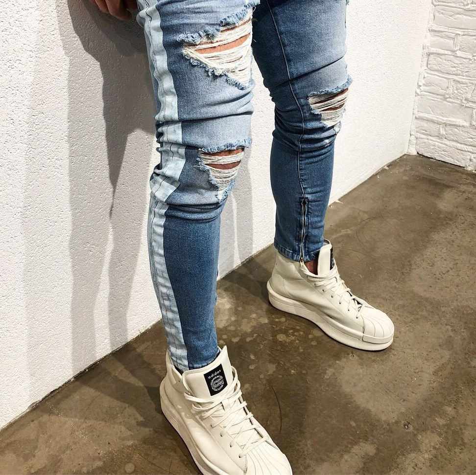 Fashion Designer Men's Jeans Knee Hole Frayed Ripped Jeans For Men Beggar Pants Brand Buttons Pants Slim Fit Biker Jeans Men