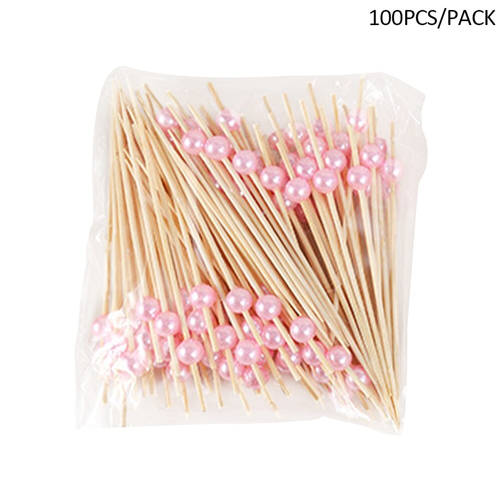 100pcs Salad Home Desserts Wedding Party Bamboo Toothpicks Practical Cake Decor Cocktail Picks With Pearl Disposable Restaurant: Pink
