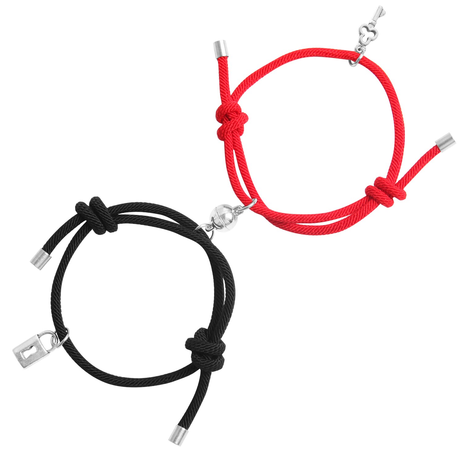 2 pçs par pulseiras para mulheres masculino charme bloqueio chave amizade corda trançado distância pulseira magnética amante corda jóias: Black Red
