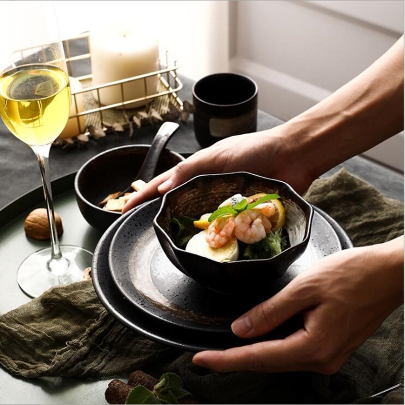 Japanese Retro ceramic dish Dinner Plate Ceramic Kitchen Plate Tableware Set Food Dishes Rice Salad Noodles Bowl Soup