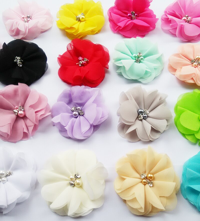 3 "Chiffon Blumen Perlen Spitze Haar Blume Für Stirnbänder Haarschmuck 50 stücke Profi Los